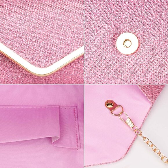 🆕Women's Pink Glitter Sequin Evening Clutch Purse w/Chain for Party Prom - Picture 5 of 7